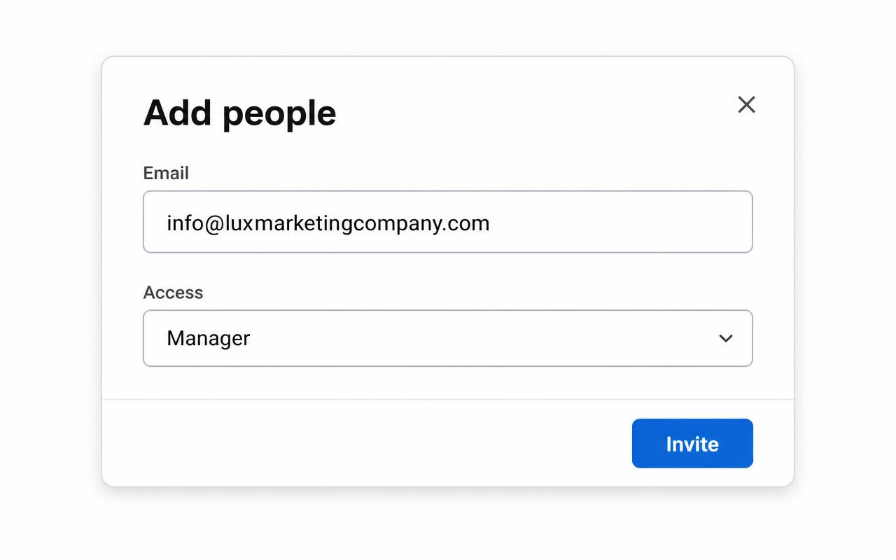 The Add people dialog with info@luxmarketingcompany.com entered and Manager selected